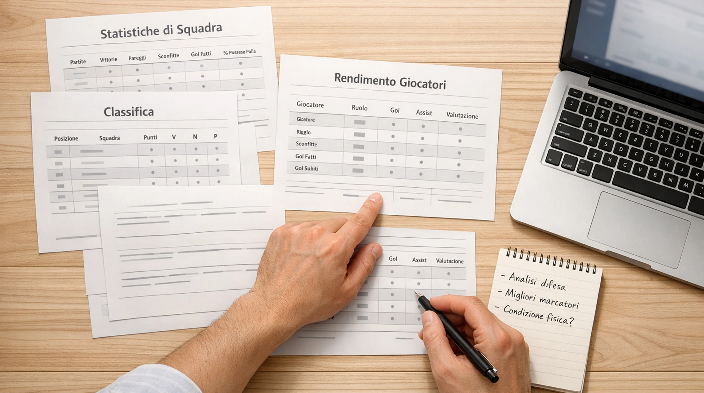 Persona che studia statistiche di calcio con appunti e penna su un tavolo