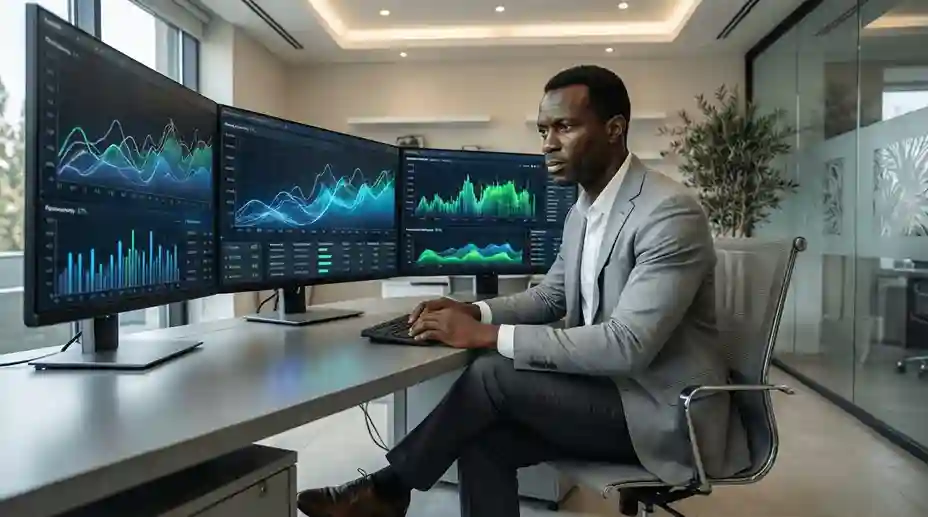 Analista sportivo che esamina statistiche di calcio su monitor