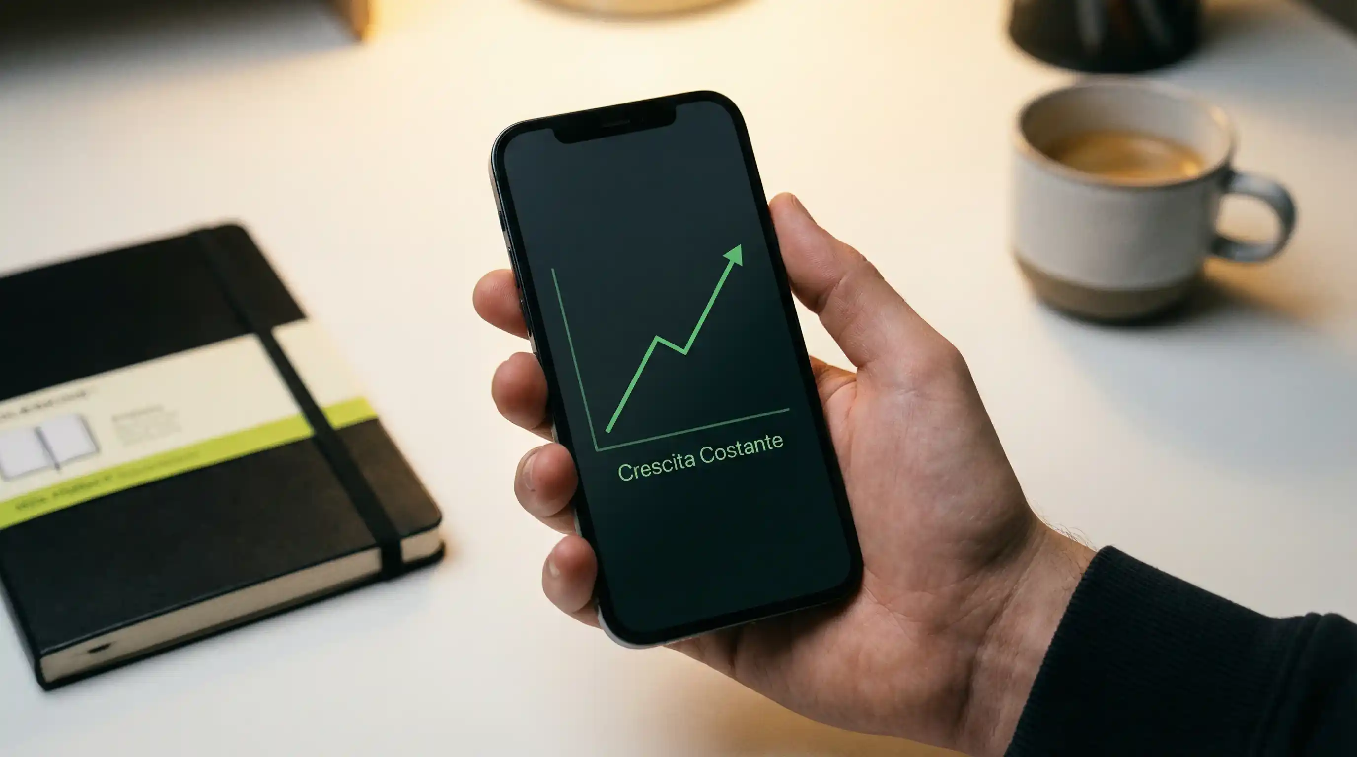 Mano che tiene uno smartphone con un grafico di rendimento scommesse, sfondo scrivania ordinata