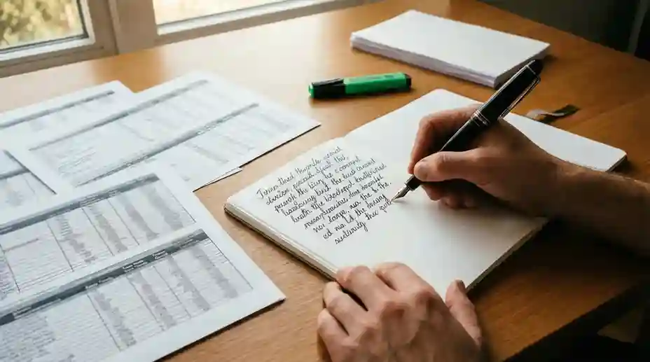 Persona che prende appunti analizzando dati su un taccuino