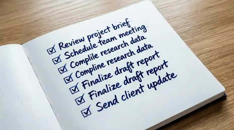 Lista di controllo su taccuino con penna