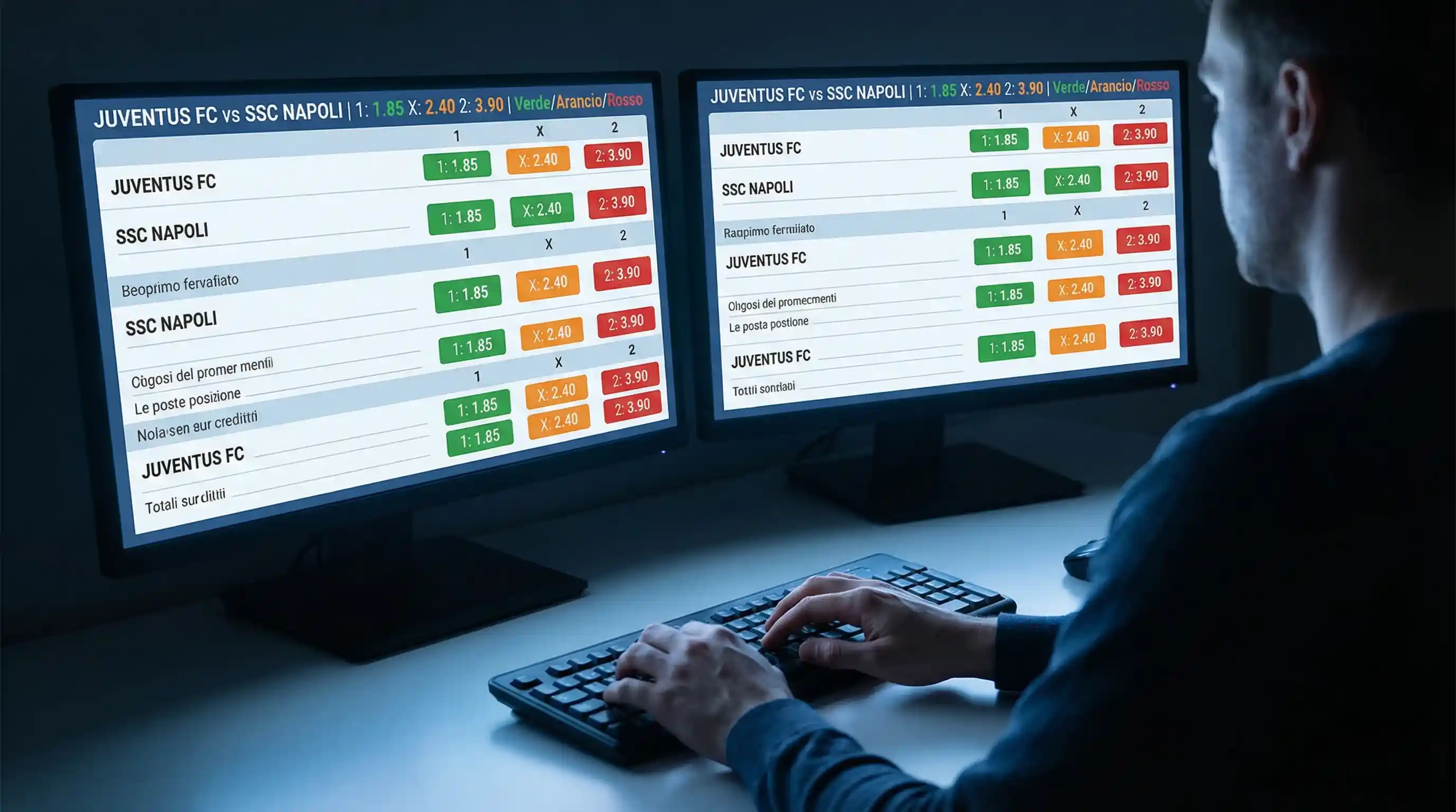 Doppio schermo con tabelle di quote calcio affiancate, luce blu da monitor in ambiente scuro
