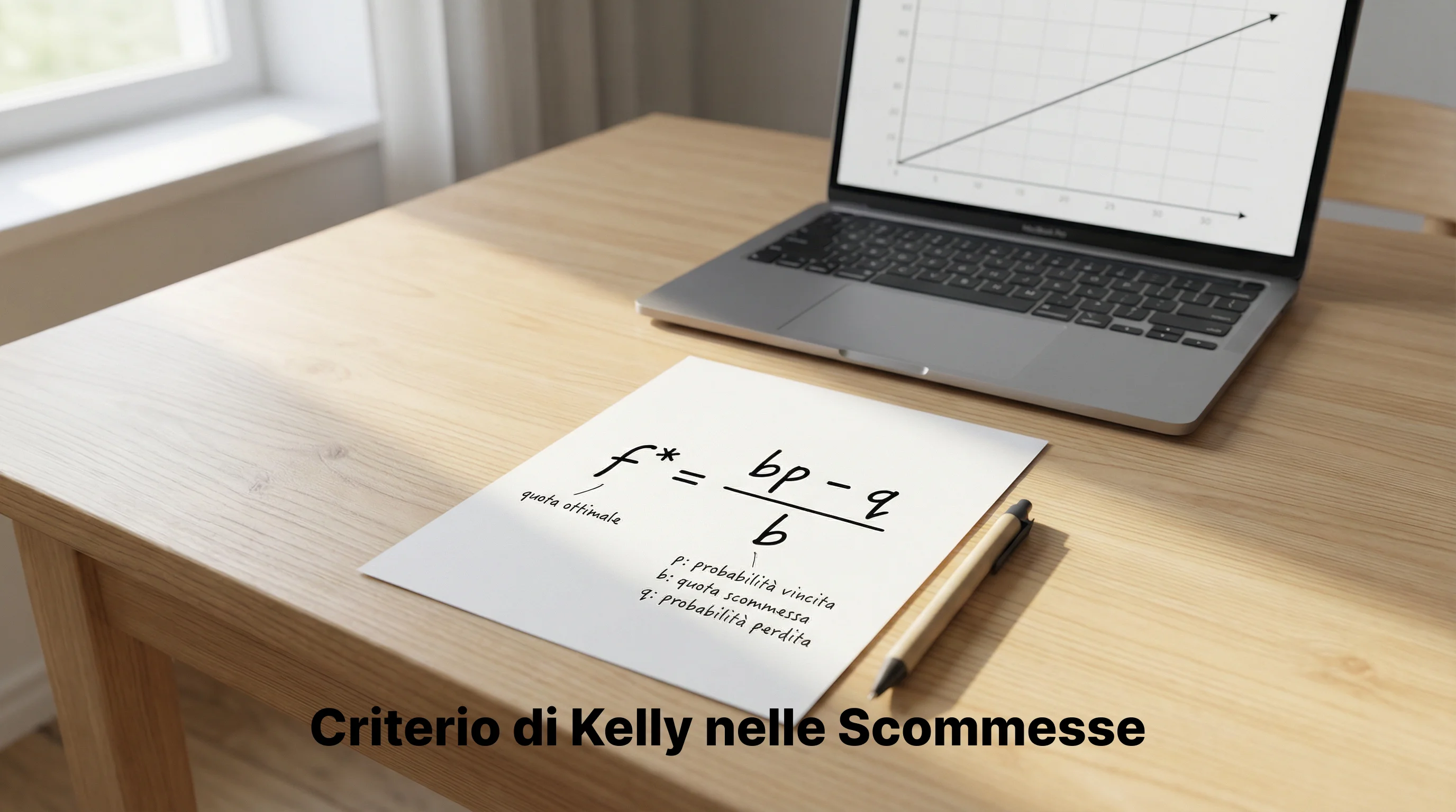 Foglio con formula matematica del criterio di Kelly accanto a un laptop con grafici di scommesse