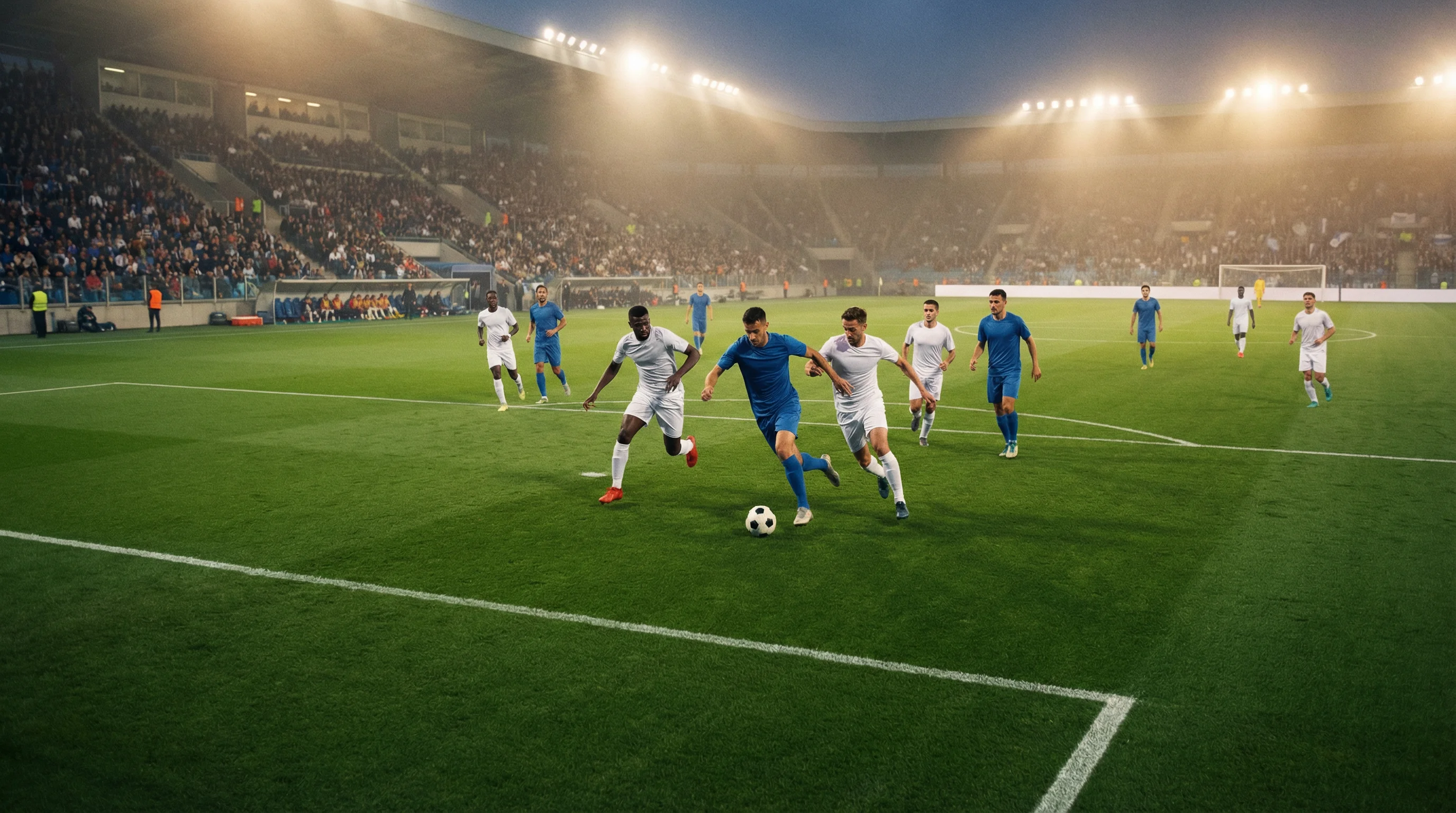 Stadio di calcio con campo verde illuminato durante una partita serale di Serie A