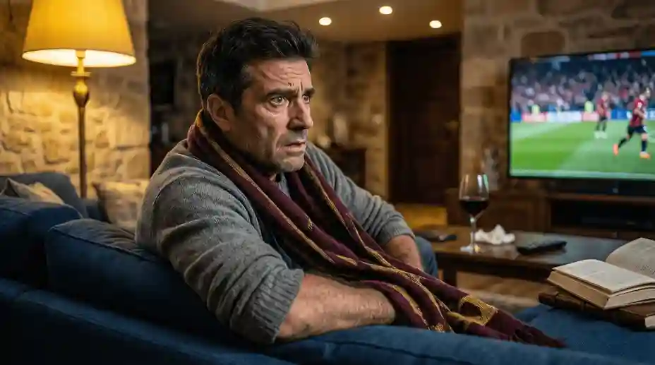 Tifoso emotivo che guarda partita di calcio in TV