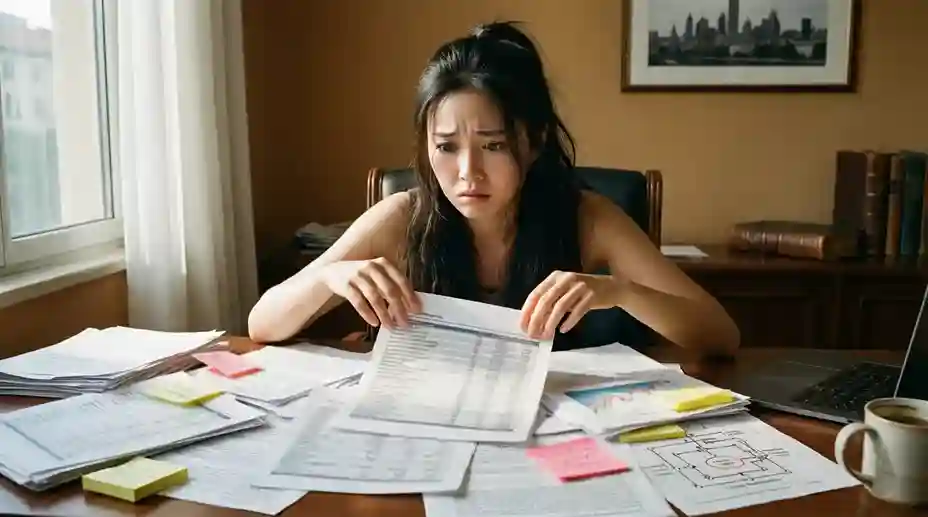 Persona confusa che guarda molti fogli con dati