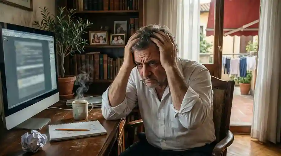 Persona frustrata davanti al computer con mani sulla testa