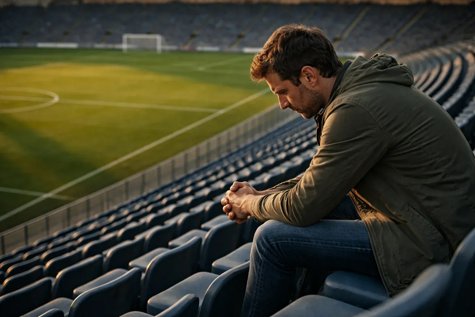 Tifoso deluso sugli spalti di uno stadio di calcio con campo in erba e porte regolamentari