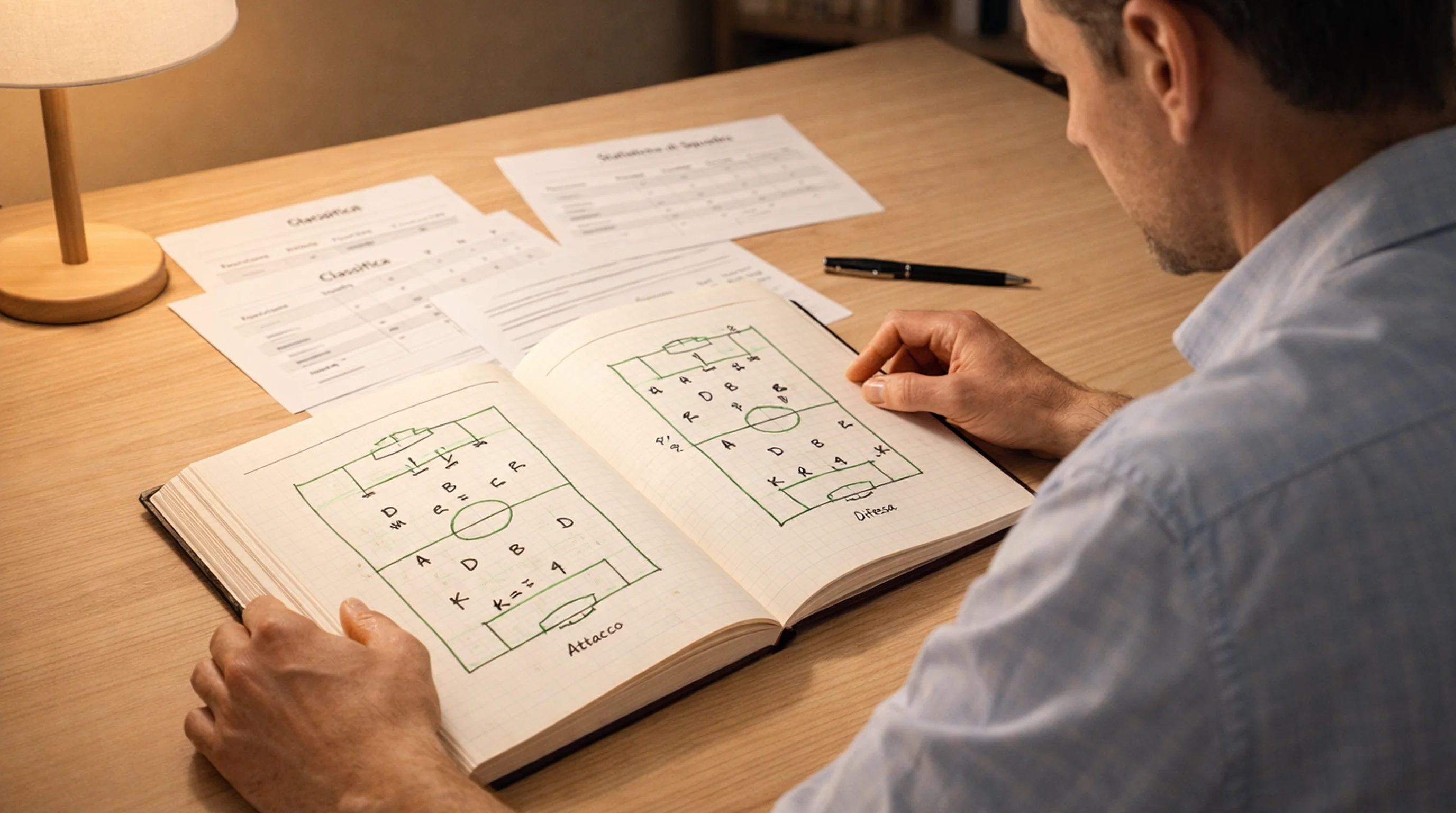 Analista che studia statistiche xG su un campo da calcio con tabellone tattico