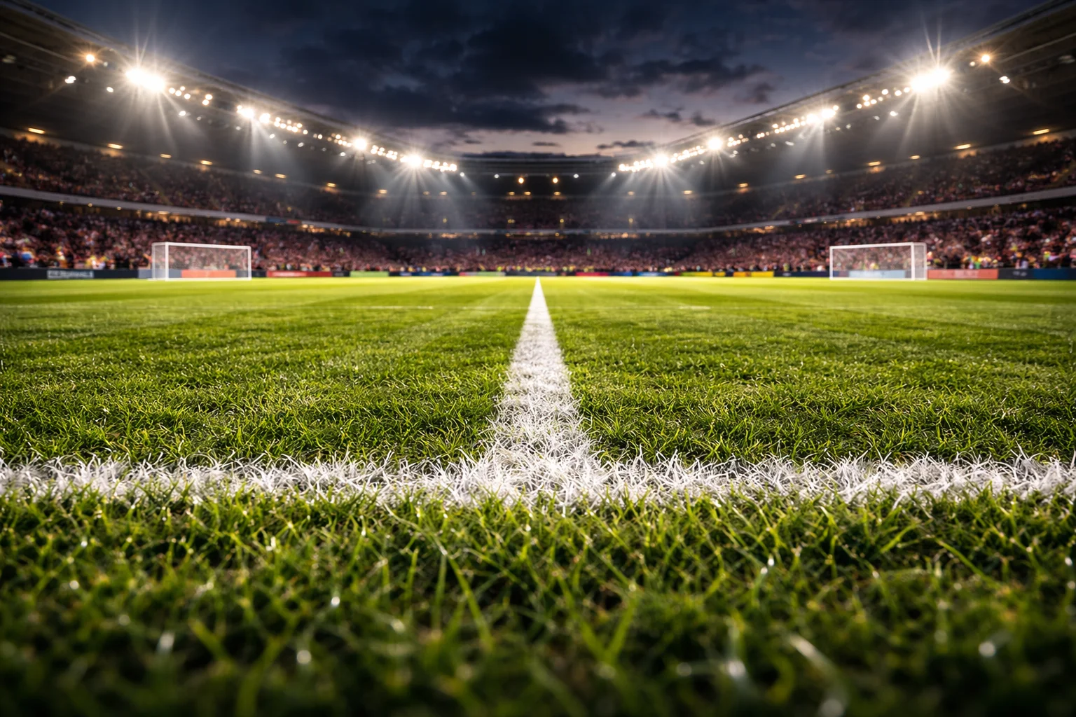 Stadio di calcio pieno di tifosi visto dal campo in erba durante una partita serale