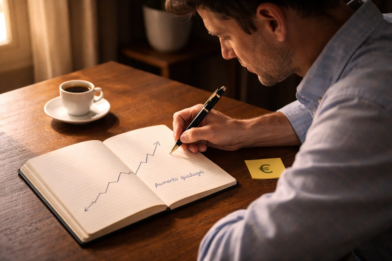 Scommettitore concentrato analizza la strategia di staking su un quaderno con appunti e grafici lineari