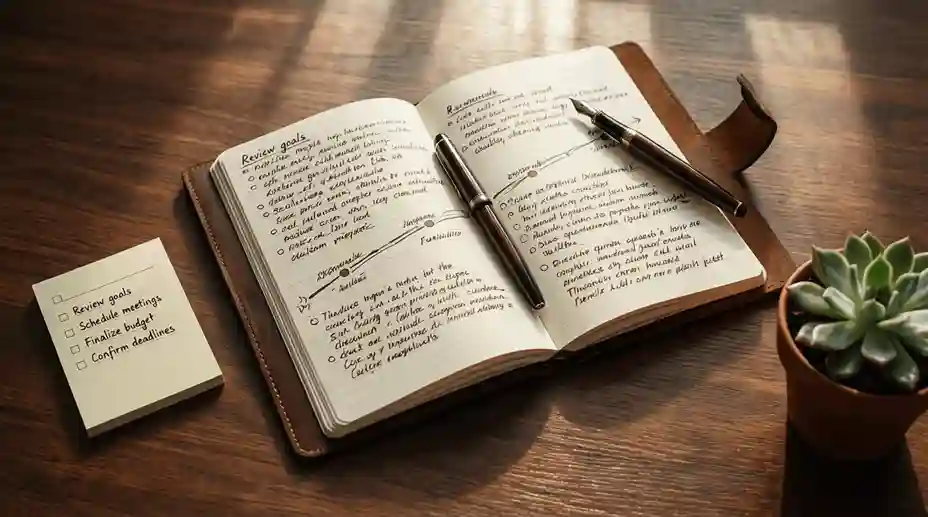 Quaderno aperto con appunti e penna su scrivania organizzata per pianificazione finanziaria