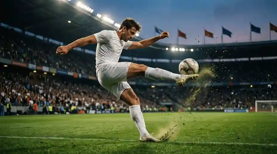 Calciatore professionista che calcia il pallone durante una partita
