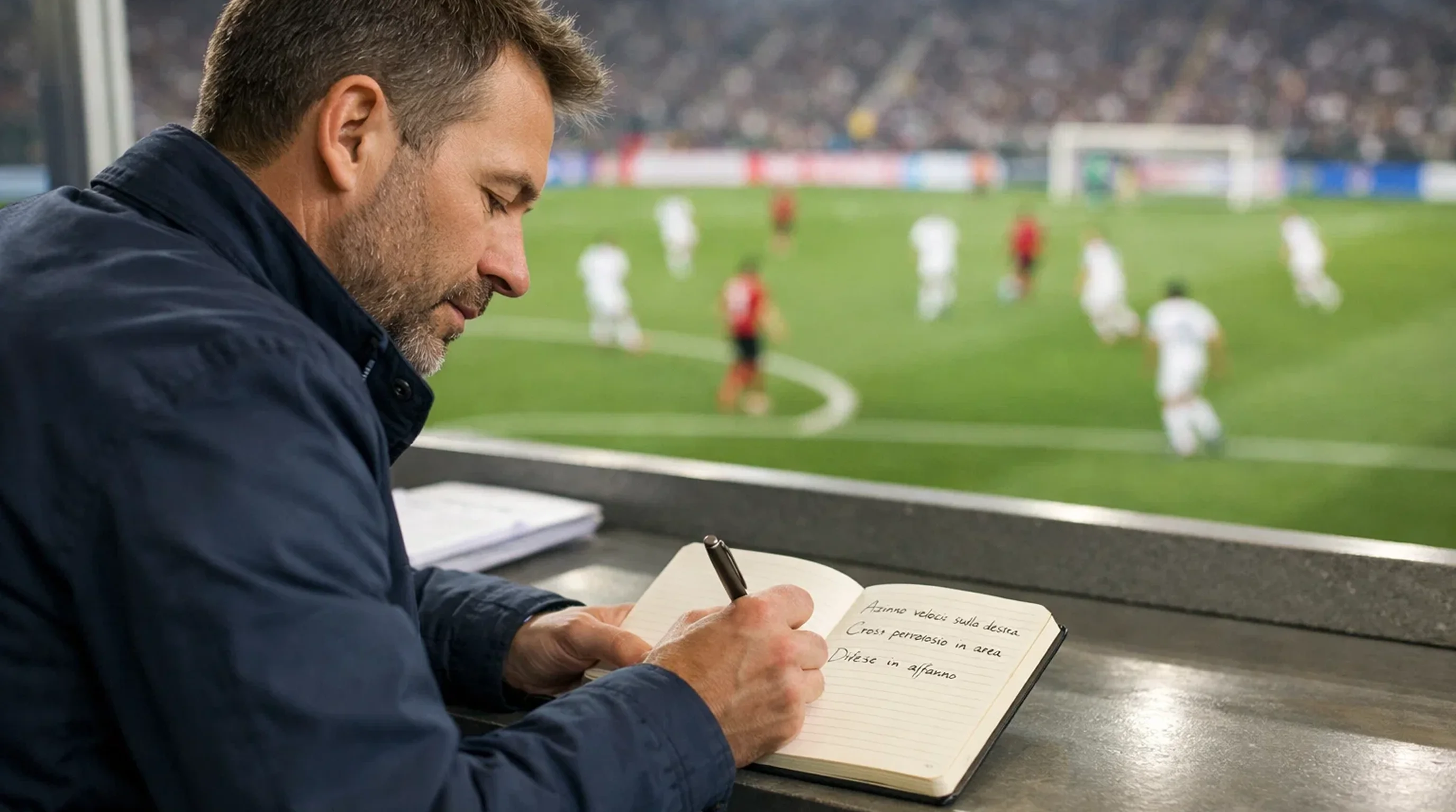 Analista sportivo che studia una partita di calcio su un blocco appunti allo stadio