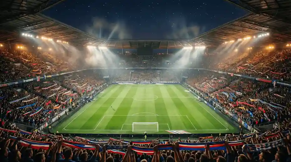 Stadio di calcio illuminato durante una partita serale con tifosi sugli spalti