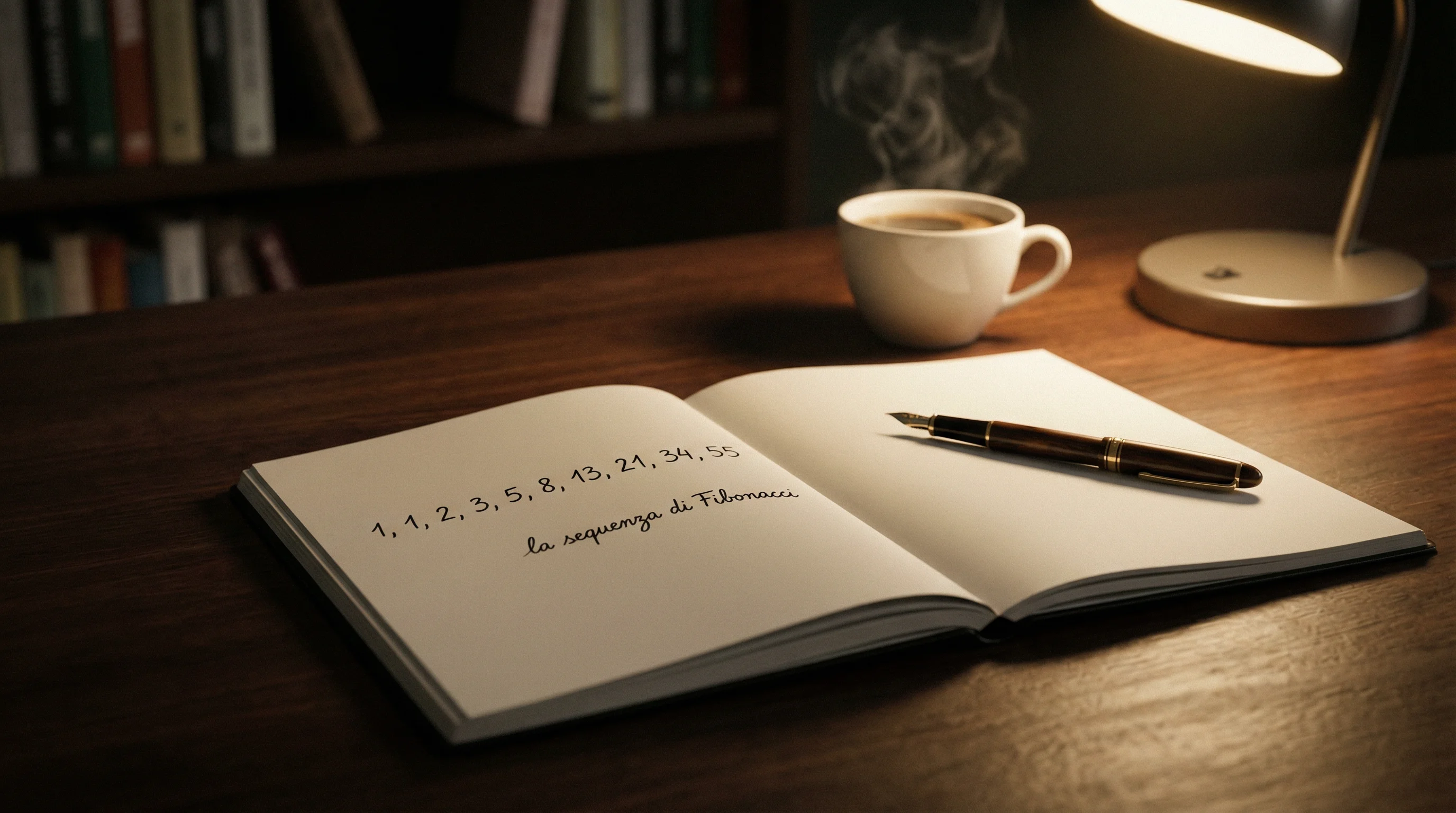 Quaderno aperto con la sequenza di Fibonacci scritta a mano su una scrivania in legno
