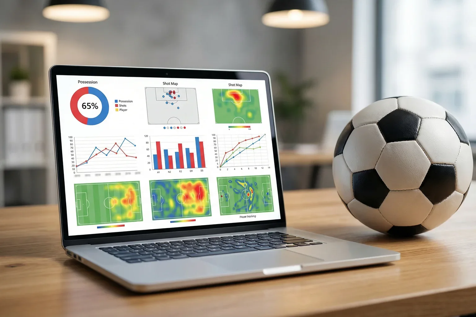 Schermo di laptop con grafici statistici di calcio e un pallone da calcio sulla scrivania