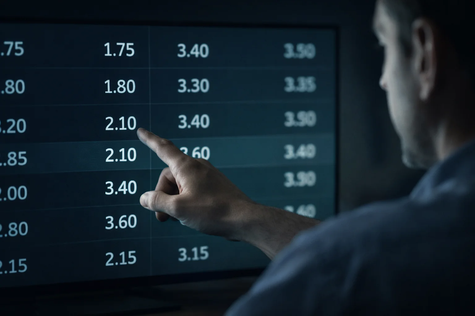 Schermo con quote di scommesse sportive che cambiano in tempo reale prima di una partita