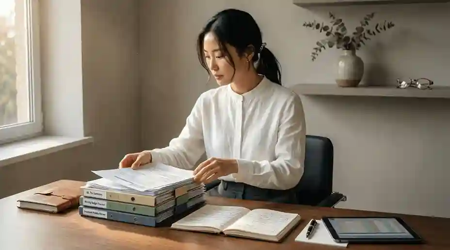 Persona che organizza documenti finanziari sulla scrivania