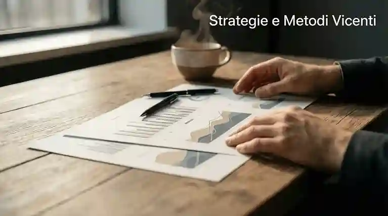 Persona che studia documenti con grafici e statistiche su una scrivania