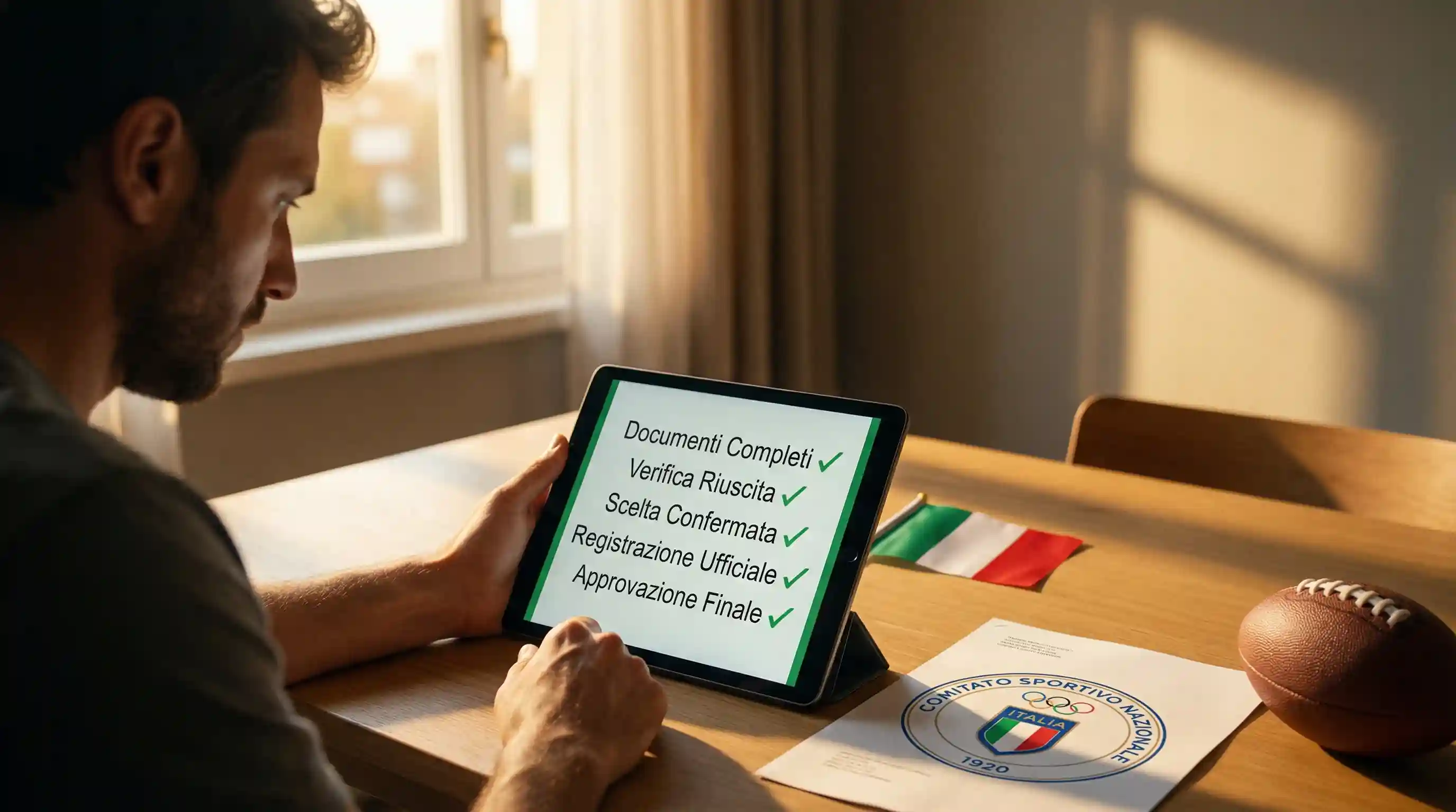 Persona confronta diverse opzioni su un tablet con simbolo di licenza ADM, luce calda