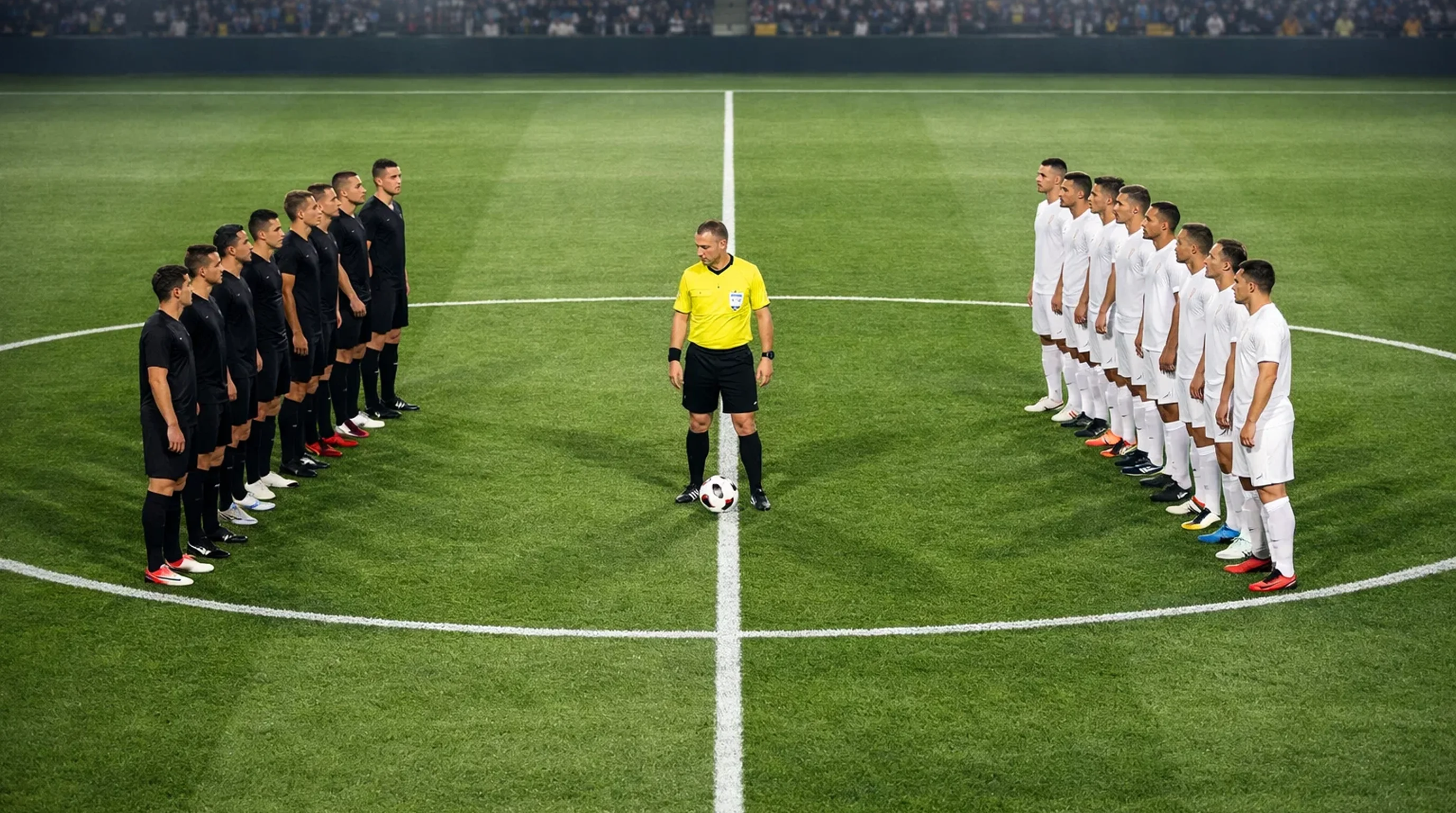 Due squadre di calcio schierate a centrocampo prima del fischio d'inizio