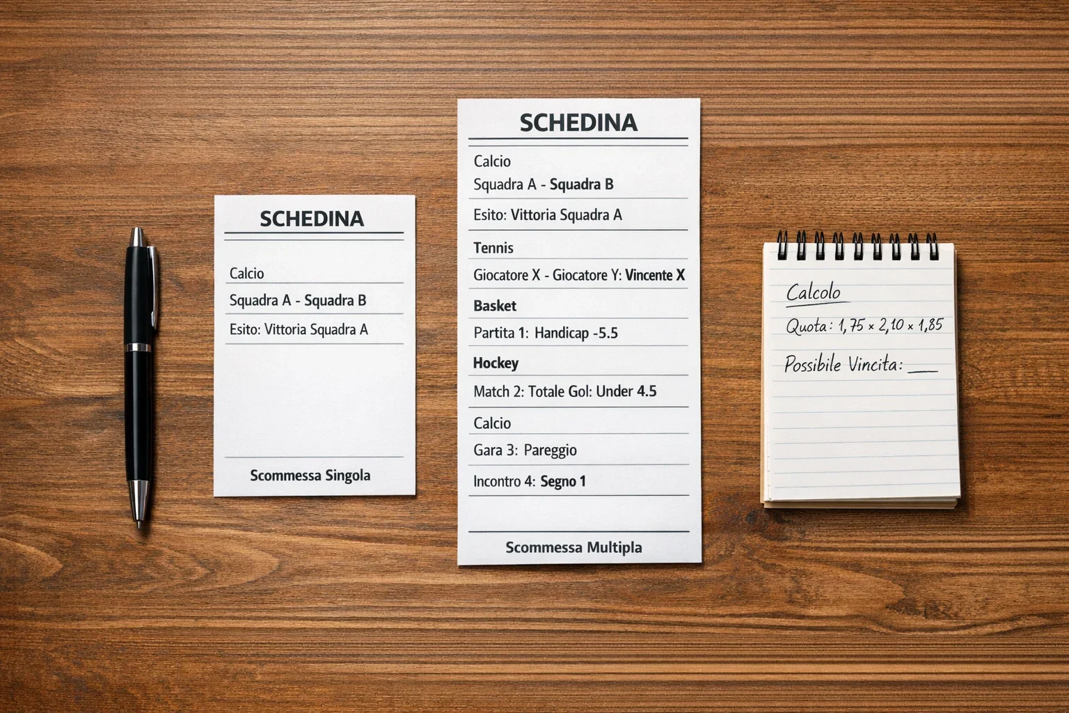 Due schedine di scommesse sportive a confronto su un tavolo con appunti e penna