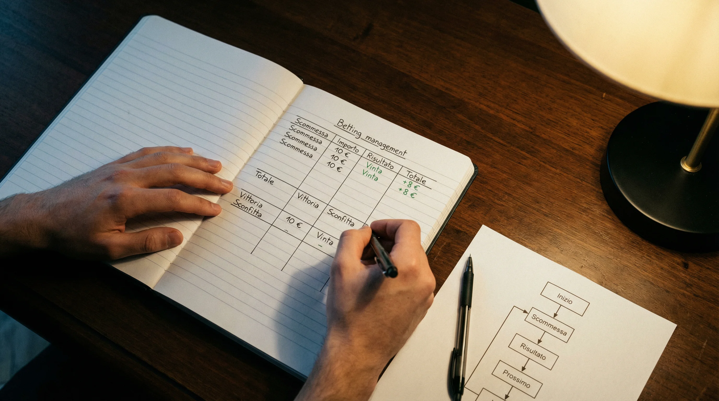 Persona che compila una tabella di gestione stake su un quaderno con calcolatrice e appunti