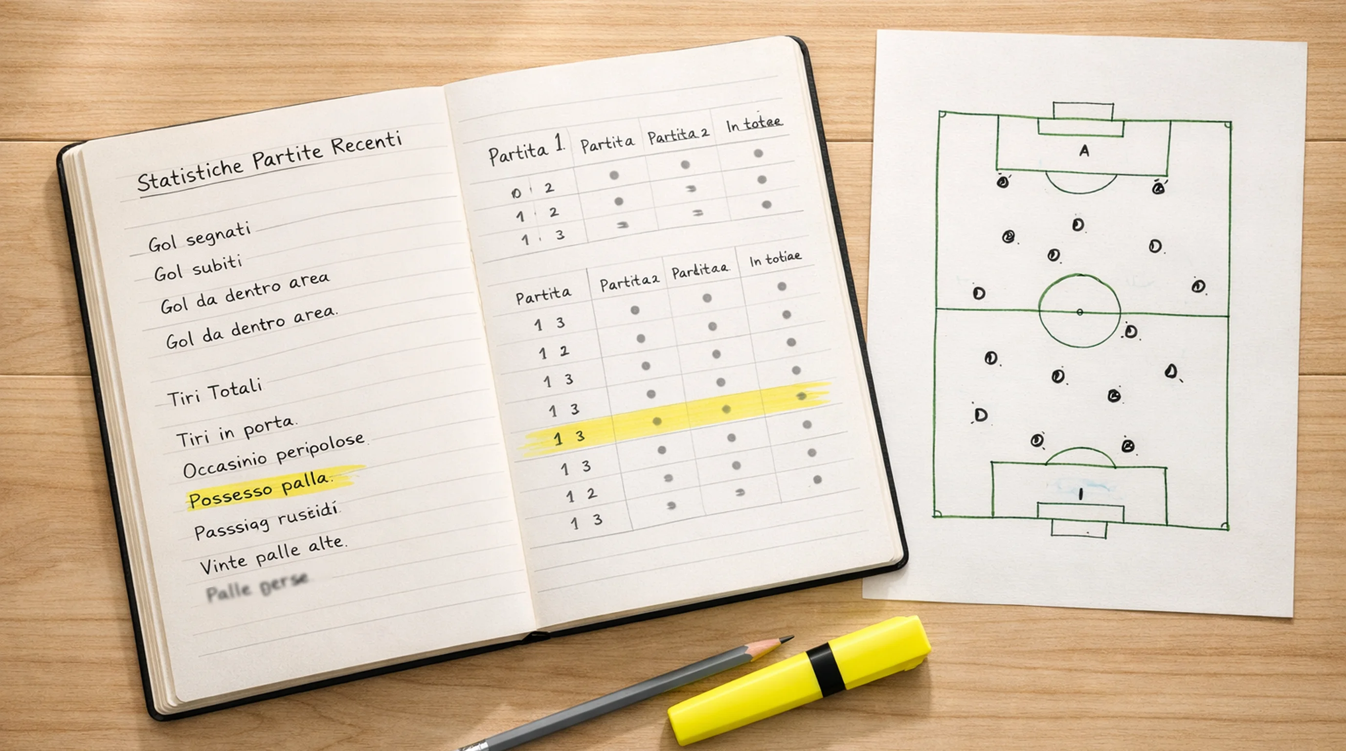 Analista sportivo che esamina dati e statistiche di una partita di calcio su un quaderno
