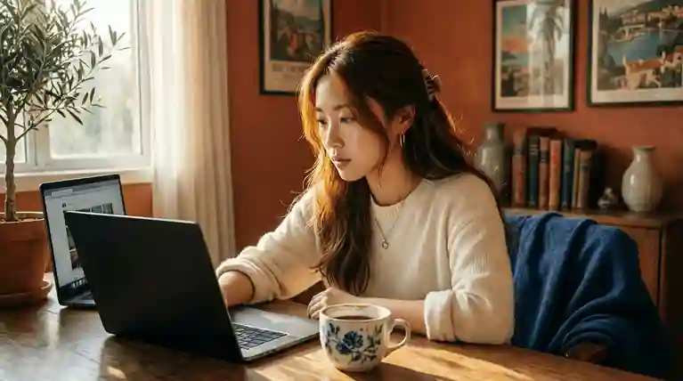 Persona che usa laptop per ricerca sportiva con tazza di caffè