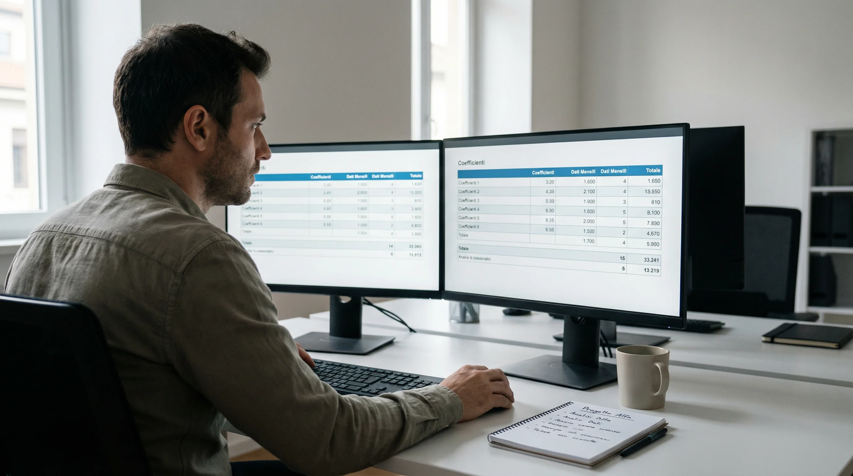 Uomo concentrato davanti a più schermi di computer che confronta quote sportive in un ufficio