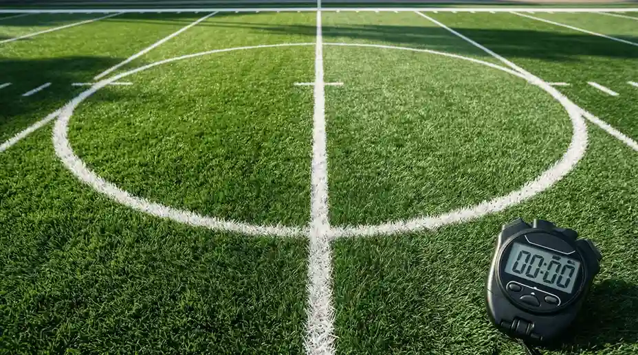 Cronometro e campo da calcio con linee bianche