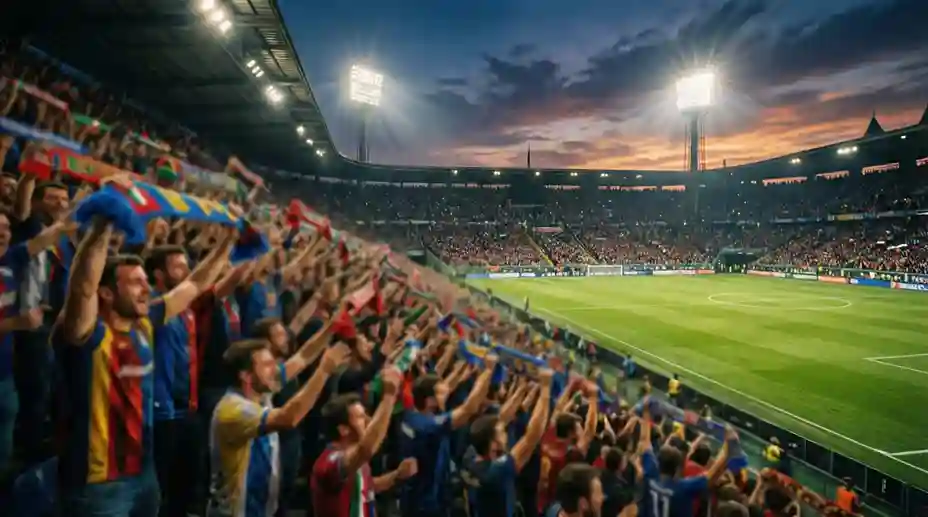 Tifosi che guardano una partita di calcio allo stadio con sciarpe colorate