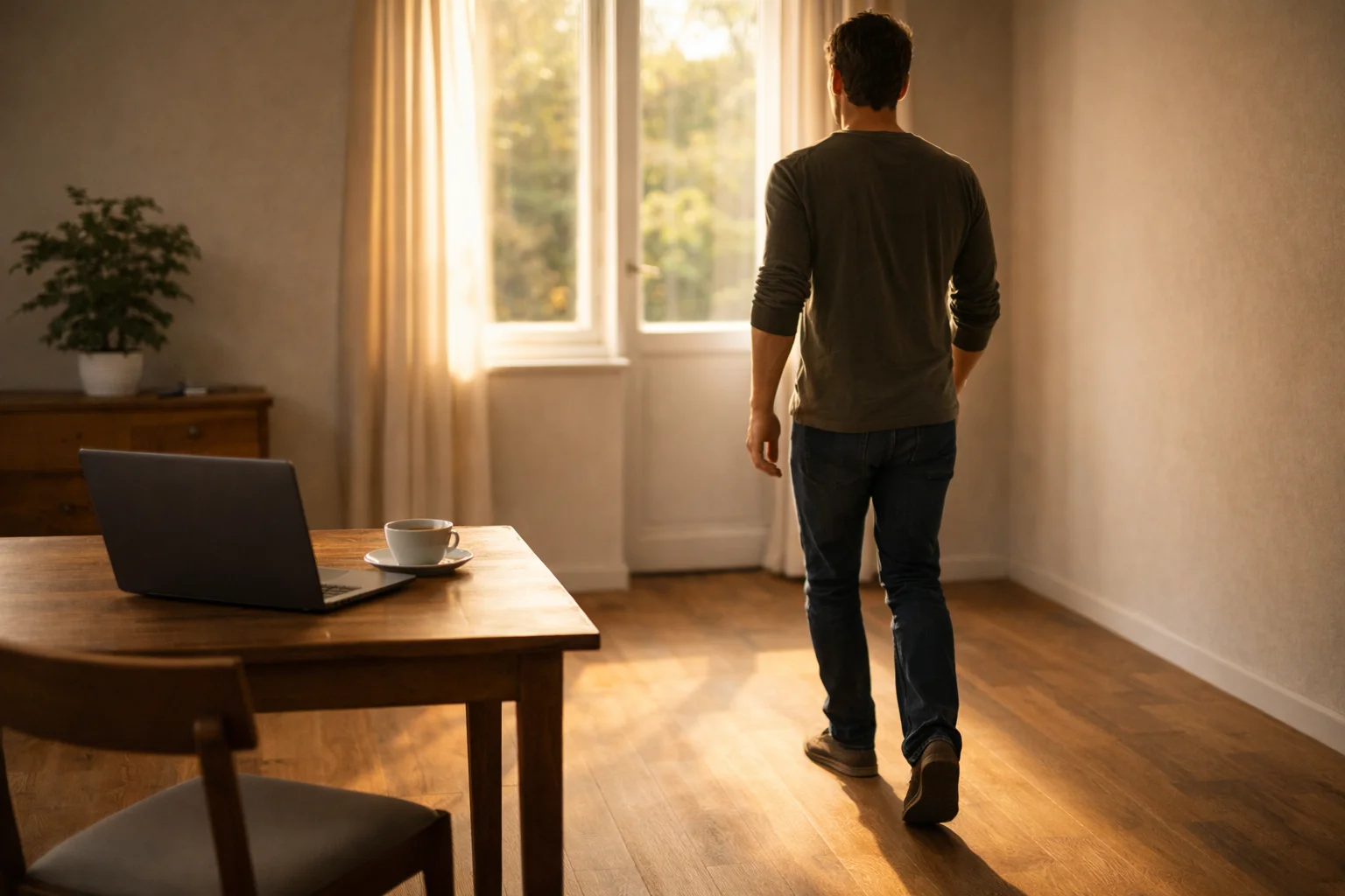 Uomo che si allontana dal computer e si prende una pausa in una stanza con luce calda