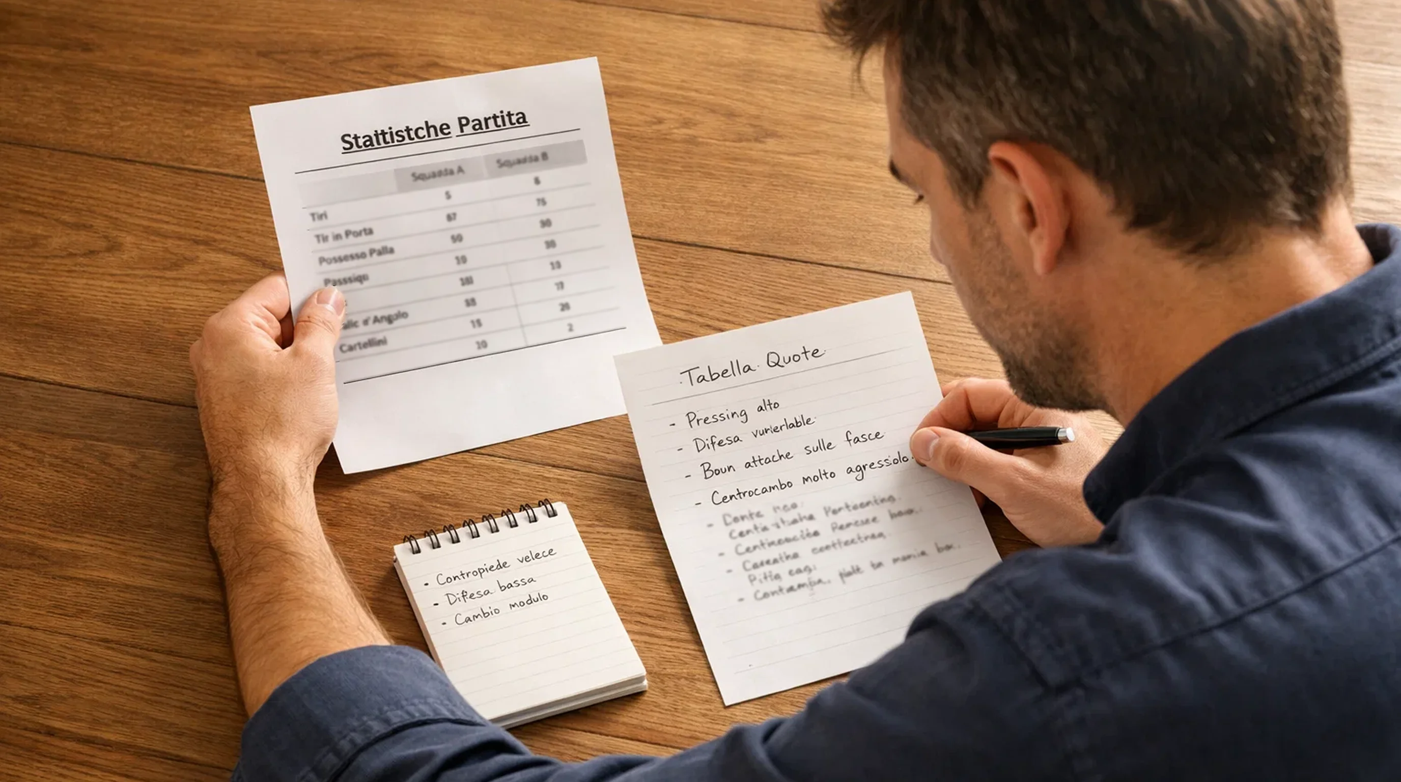 Scommettitore analizza statistiche di calcio su un foglio con appunti e dati delle partite